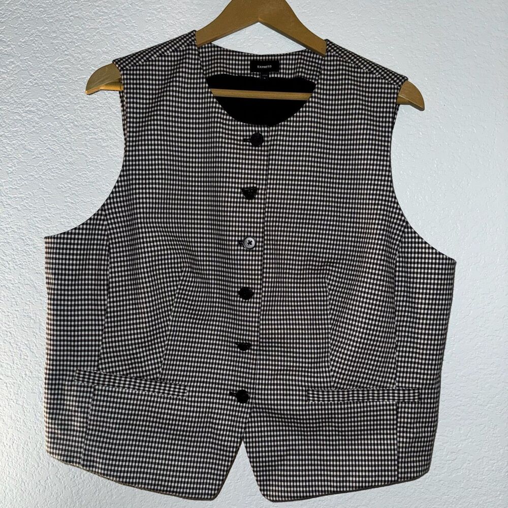 EXPRESS Gingham Crew Neck Cutaway Blazer Vest- BLACK AND WHITE-XL